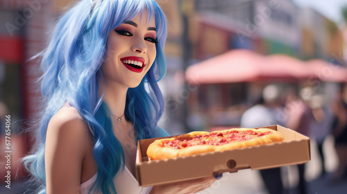 Smiling young happy blue hair woman hold cardboard box of hot pizza and enjoying. Creative advertising banner for a pizzeria. 