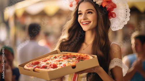 Smiling young happy woman hold cardboard box of hot pizza and enjoying. Creative advertising banner for a pizzeria. 