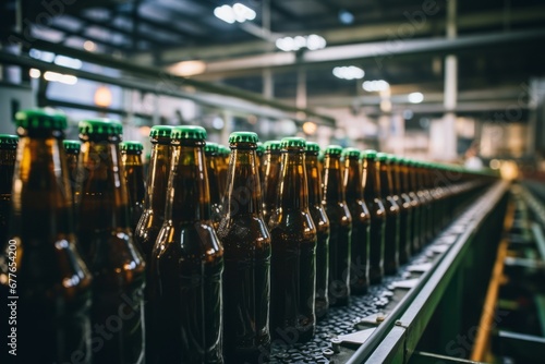 Efficiency in Motion  A Beer Bottles in a row on Conveyor Belt Systems in brewery.