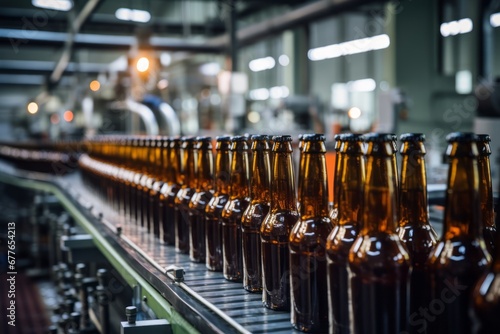 Efficiency in Motion  A Beer Bottles in a row on Conveyor Belt Systems in brewery.