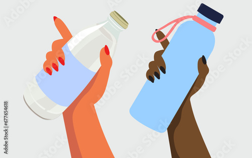 hand with a bottle in vector. advertising a drink in flat style. Template for postcard sticker logo poster app website. water, milk, energy drink, smoothie, juice, soda