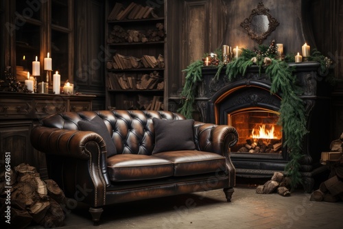 living room with fireplace and leather sofa