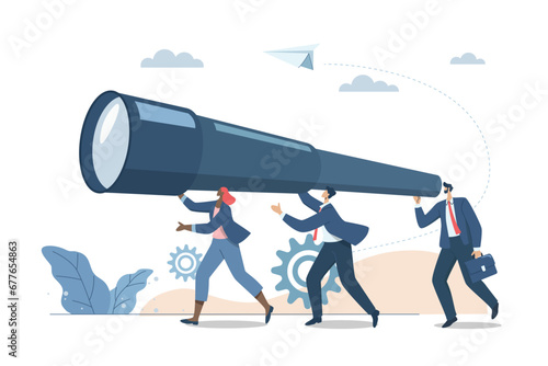 Effective business teamwork in an organization or company, Searching for new goals or searching for new technological innovations, Business team holding big binoculars for target analysis. Vector.