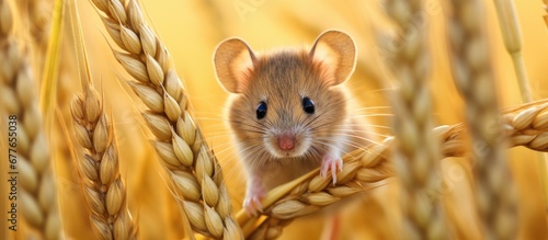 In the picturesque wheat field a cute mammal with whiskers and a bushy tail known as a mouse scurried through the nature reserve its habitat rich in wildlife As it searched for food the mou photo