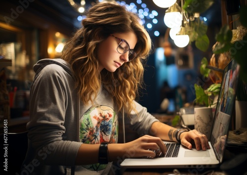 Young woman with laptop in cafe, AI generated