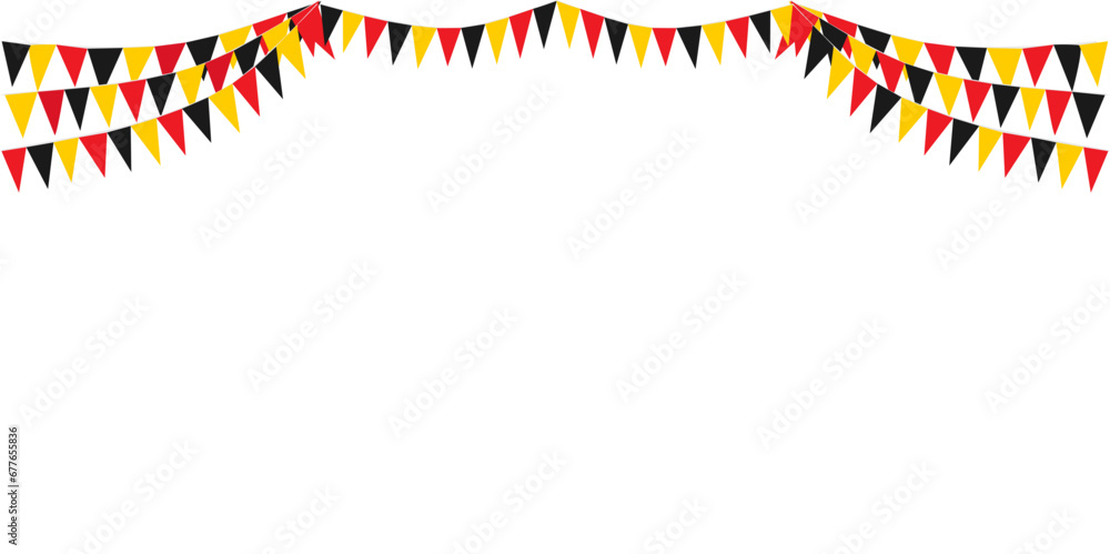 Naklejka premium Bunting Hanging Red Black and Yellow Flag Triangles Banner Background. Bunting flags for celebration, party, fair, market, sale, nations. German, Deutschland concepts.