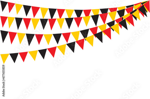 Bunting Hanging Red Black and Yellow Flag Triangles Banner Background. Bunting flags for celebration, party, fair, market, sale, nations. German, Deutschland concepts.
