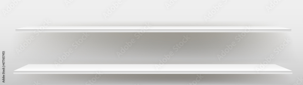 A white empty shelf on a white wall. Vector layout, a place to copy.