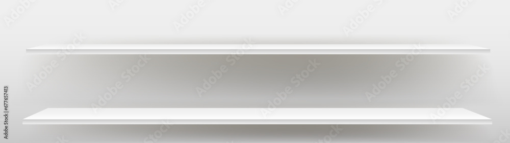 A white empty shelf on a white wall. Vector layout, a place to copy. A white empty shelf on a white wall. Vector layout, a place to copy.