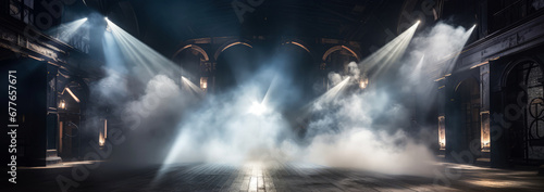 Dramatic empty stage, podium. Dark Scene with smoke, fog  illuminated spotlights. Cinematic, theatre background, mockup. Generative ai