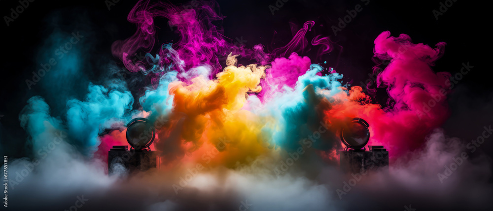 Scene with colorful smoke, fog, steam,  illuminated spotlights. stage, podium for product presentation. Colorful, abstract background, mockup. Generative ai