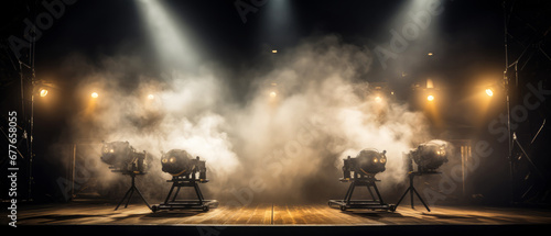 Dramatic empty stage, podium. Dark Scene with smoke, fog  illuminated spotlights. Cinematic, theatre background, mockup. Generative ai photo