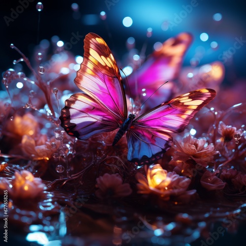 a butterfly on flowers with lights