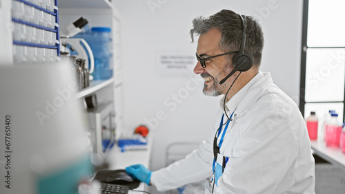 Attractive young hispanic scientist, a grey-haired man, engrossed in an online conference via computer in the buzzing lab, immersed in cutting-edge medical research.