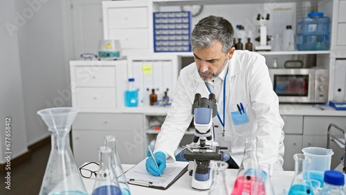 Passionate young hispanic  grey-haired man  an attractive scientist  engrossed in medical research at laboratory. vigorously taking notes  intensely peering through microscope in serious analysis.