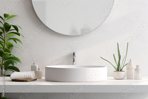 White bathroom interior design  countertop washbasin with faucet on white counter and round mirror in modern minimal washroom  front view with sunlight.