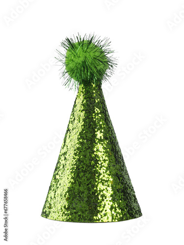 Realistic green glitter party hat with pompon on top. Isolated cutout on a transparent background. photo