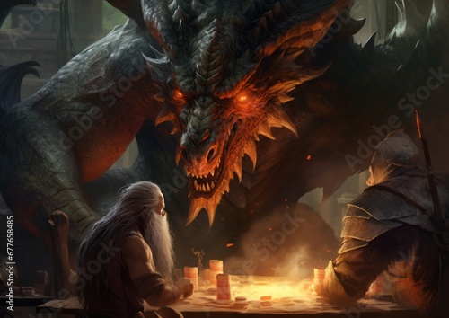 a dragon and a man playing cards
