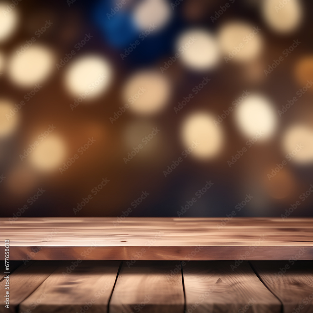 Wooden top table with bokeh light effect. Mockup for design.