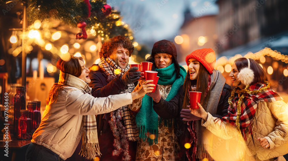 Group of young people, friends walking on cozy winter evening on street fair, drinking mulled wine, tea. Unfocused street. Concept of winter holidays, Christmas, traditions, outdoor fair, happiness
