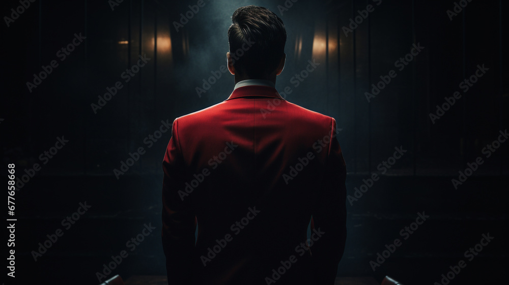 The manager in red suit is standing at the working office The manager in red suit is standing at the working office
