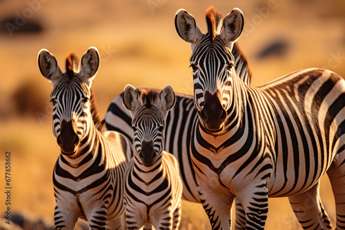 Zebra mother and zebra foal in grassland savanna, close up shot, beautiful wildlife animal background.