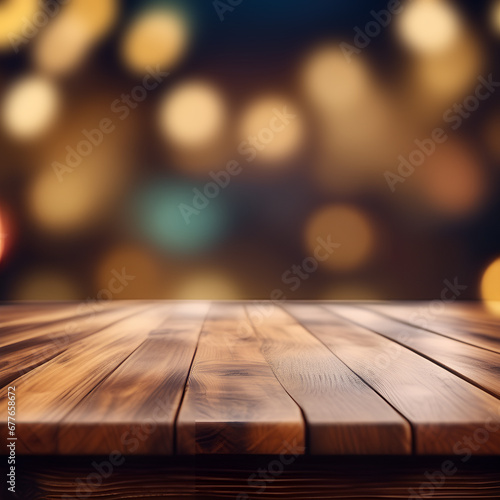 Empty wooden tabletop on blurred light golden bokeh of cafe . Mockup for design. © irina1791