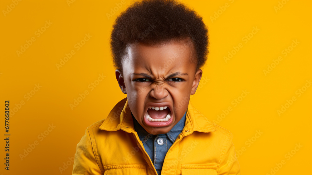 Angry irritated African American boy on yellow background Angry irritated African American boy on yellow background