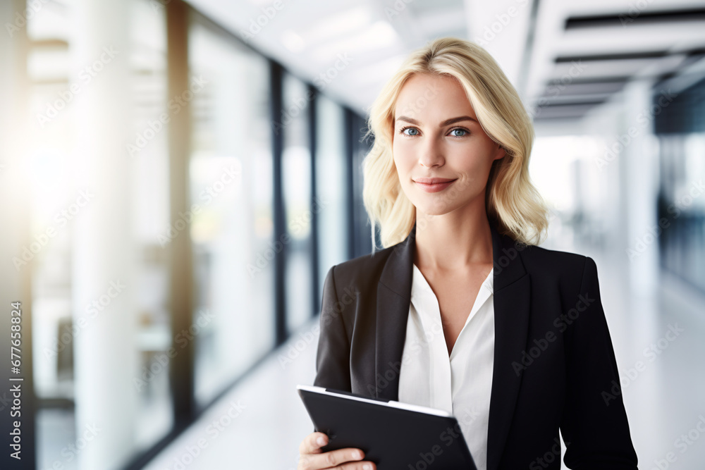 Beautiful young businesswoman with professional look, smiling holding a tablet computer in modern office building, successful woman and business concept. Beautiful young businesswoman with professional look, smiling holding a tablet computer in modern office building, successful woman and business concept.