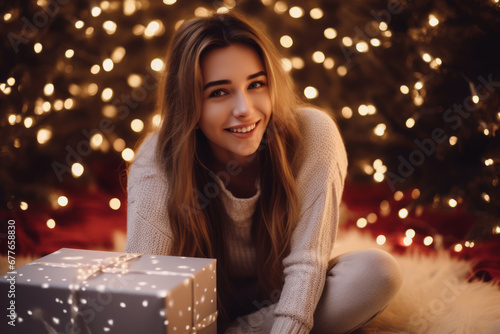 Happy Woman sitting with Christmas gift and surrounded by Christmas lights.