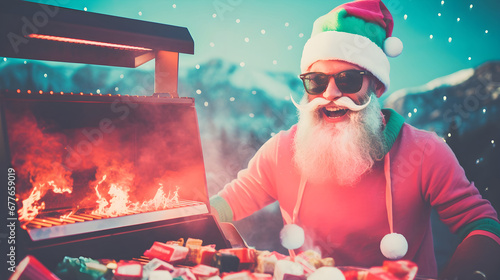 Christmas BBQ party with a middle aged man with a white beard in front of a flaming BBQ Outside in the snow
