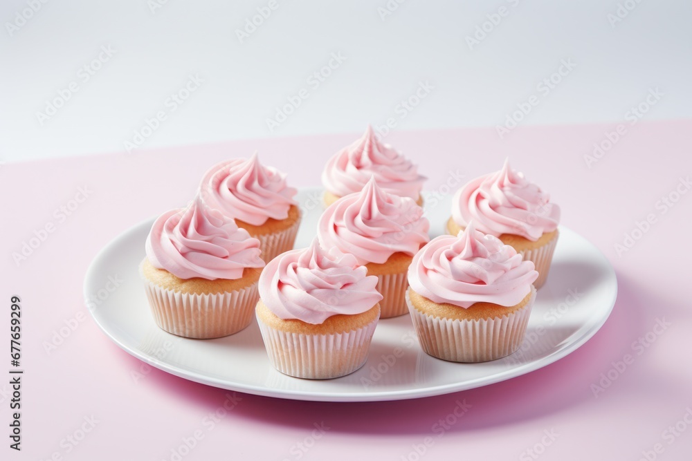 Tasty cupcake or muffin with pink whipped cream and sprinkles on pastel background. Sweet food, Valentines day romantic dessert.
