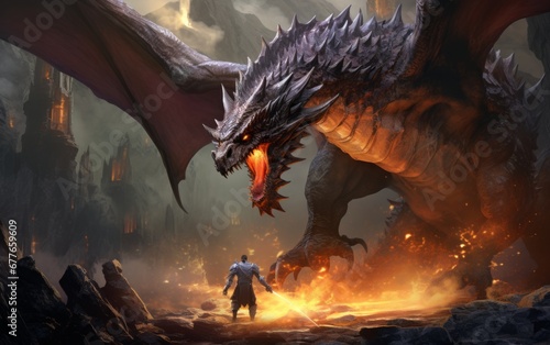 a man standing next to a dragon