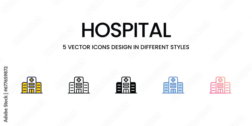 Hospital Icon Design in Five style with Editable Stroke. Line, Solid, Flat Line, Duo Tone Color, and Color Gradient Line. Suitable for Web Page, Mobile App, UI, UX and GUI design. Hospital Icon Design in Five style with Editable Stroke. Line, Solid, Flat Line, Duo Tone Color, and Color Gradient Line. Suitable for Web Page, Mobile App, UI, UX and GUI design.