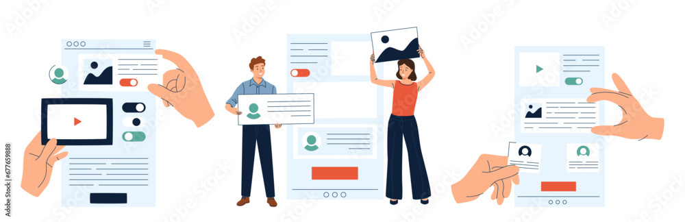 Set of UI and UX designers creating functional web interface design for websites and mobile apps. Set of UI and UX designers creating functional web interface design for websites and mobile apps.