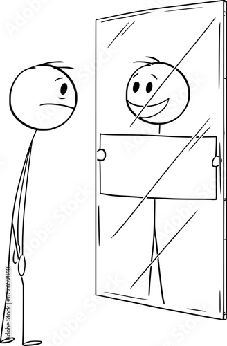 Frustrates Person Watching Yourself in Mirror, Vector Cartoon Stick Figure Illustration