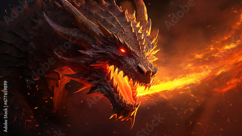 Red giant dragon breathing fire