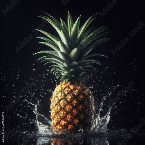 pineapple in water splash on black