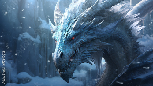 Blue frost giant dragon with scales on winter background photo