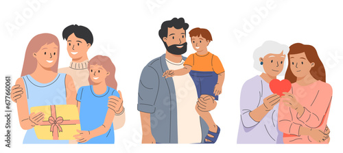 Collection of children or grandchildren with parents and grandparents. Grandfather, grandmother, father, mother and kids