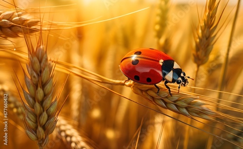 Ladybird on a spike of grain, beautiful natural background.