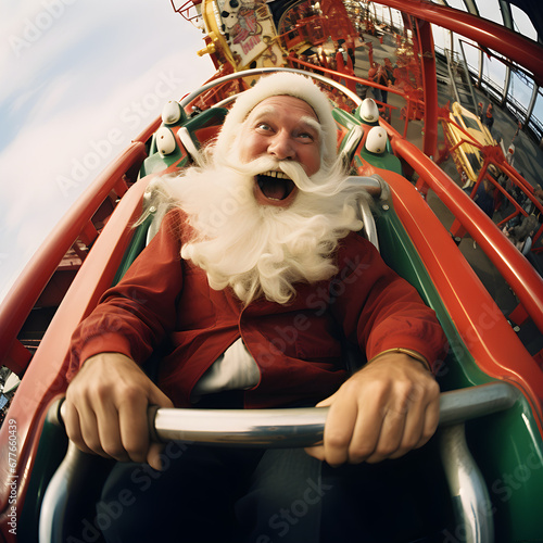 Santa laughing as he is having fun on a theme park rollercoaster ride.