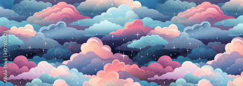 Banner Cute colorful pastel clouds seamless pattern background. Rainbow unicorn background with clouds and stars. Pastel color sky. Magical landscape, abstract fabulous pattern. Cute candy wallpaper.