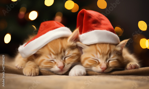 Small funny ginger cats in santa hat next to Christmas tree bokeh background. Two kittens sitting in basket under a Christmas tree with gifts. Winter Holidays card pets. Cute kitten at New Year night.