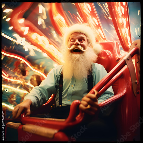 Santa taking a day off on a fairground ride in an amusement park. 