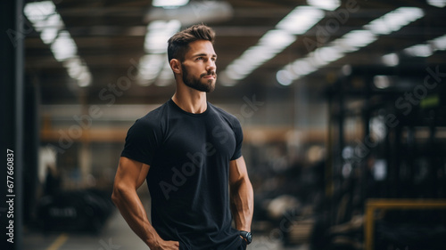 Business owner in black t-shirt standing in industrial plant