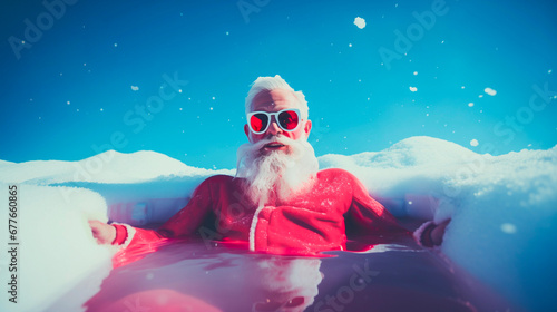 Chill Santa lounges in a North Pole hot tub, relishing a day off photo