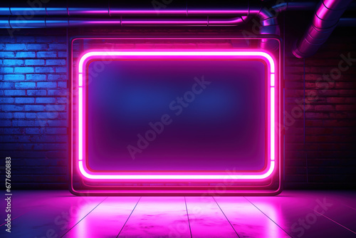 Illuminated purple neon rectangular frame with empty space on a brick wall