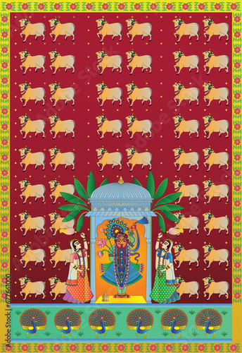 Shrinathji, Jagannath, or Lord Krishna with cows, in Indian folk painting Pichwai style	