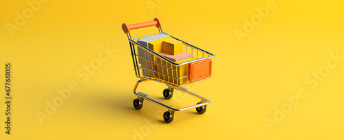 A shopping cart with packages inside is on a bright yellow background, creating a cheerful and simple shopping theme